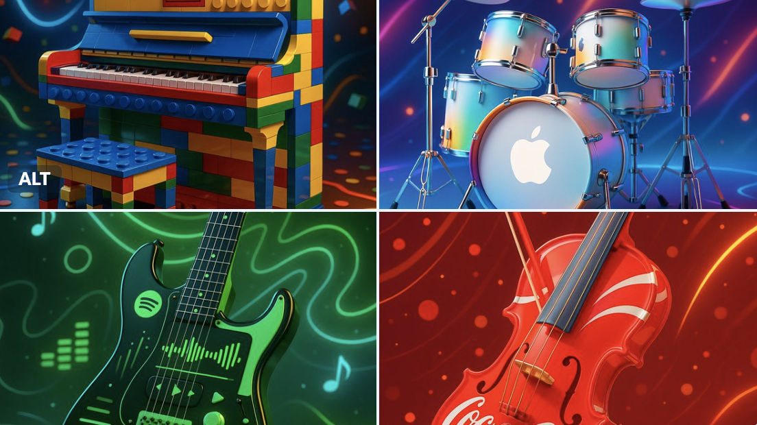 A highly stylized, vibrant promotional 3D-render image of a musical instrument reimagined with a specific brand’s iconic colors, patterns, and design elements. Set in a dynamic, music-inspired environment with glowing accents and product-style lighting for a futuristic yet playful feel.