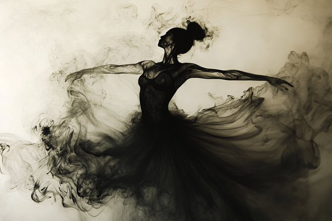 An abstract, nature-inspired scene of swirling liquid plumes diffusing through milky water. Rich ink blacks and cloudy whites blend softly to create a dreamy, poetic atmosphere.