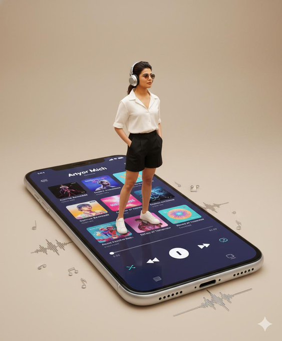 Create a cinematic, high-resolution minimalist poster where the uploaded person stands casually atop an oversized smartphone showing a music-player playlist interface. Soft beige background lighting and a clean UI-focused composition emphasize a modern, surreal scale contrast.
