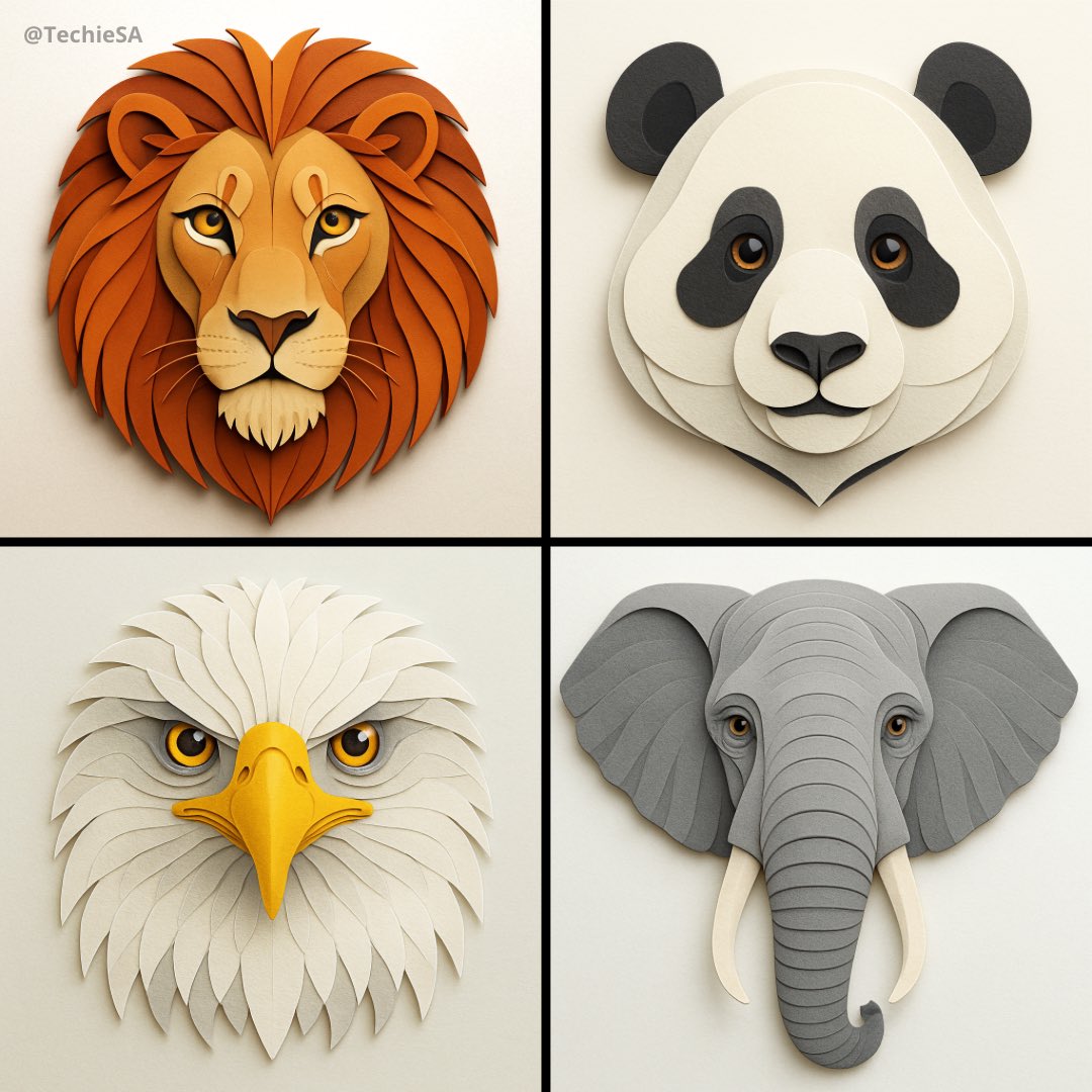 Create a symmetrical, angular geometric portrait of an animal head using overlapping paper textures, matte botanical color palettes, and realistic shadow depth on a minimalist gradient background. Designed for a square 1080×1080 format with museum-quality paper installation craftsmanship.