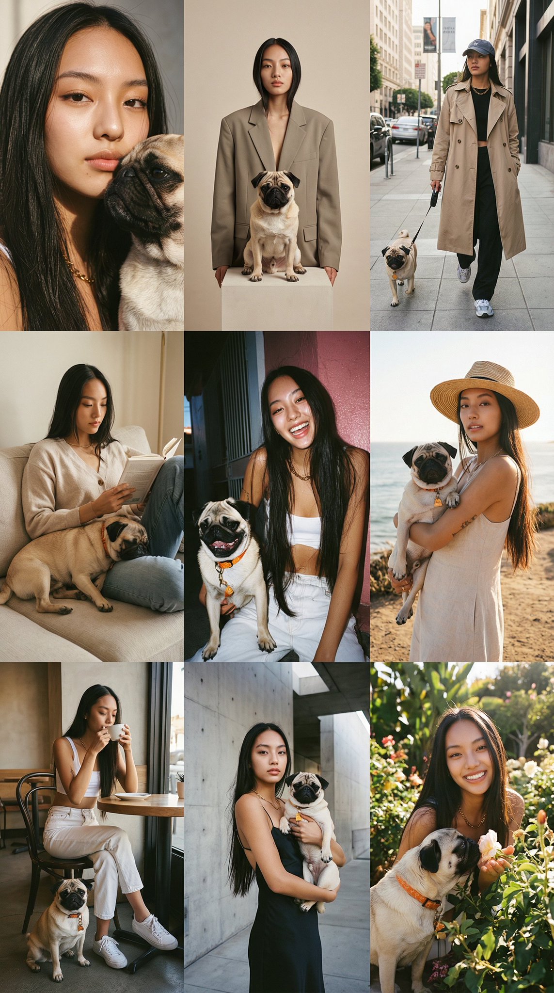 Generate a cohesive Instagram-style 3×3 feed of nine hyperrealistic 3:4 portraits featuring the same person and dog from the uploaded photo, with the center image matching the upload exactly. Each post varies concept, outfit, pose, and setting while maintaining consistent likeness, tone, and modern cinematic color grading.