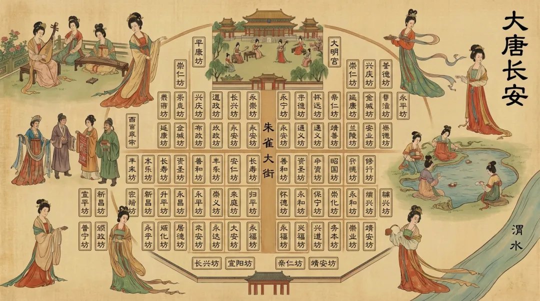 A breathtaking 16:9 illustrated map of Tang-dynasty Chang’an rendered as a refined court-lady painting on aged silk, with散点透视 scroll-like layout, narrative landmarks, and authentic Chinese calligraphy for titles and labels.