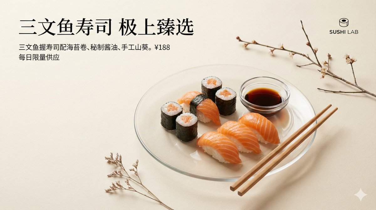 A high-angle commercial food photography scene featuring tempura served on a transparent glass plate with soy sauce, wasabi, chopsticks, and generous negative space on a creamy off-white paper background. Includes black sans-serif editorial typography with dish name, price, pairing notes, and a small minimalist logo for a luxury magazine-style look.