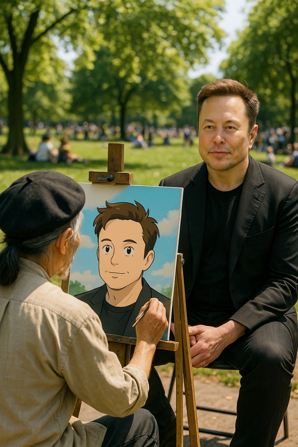 A fully photorealistic sunny outdoor park scene where a Japanese painter draws Elon Musk from life—while the painting on the easel is a contrasting Ghibli-style anime portrait.