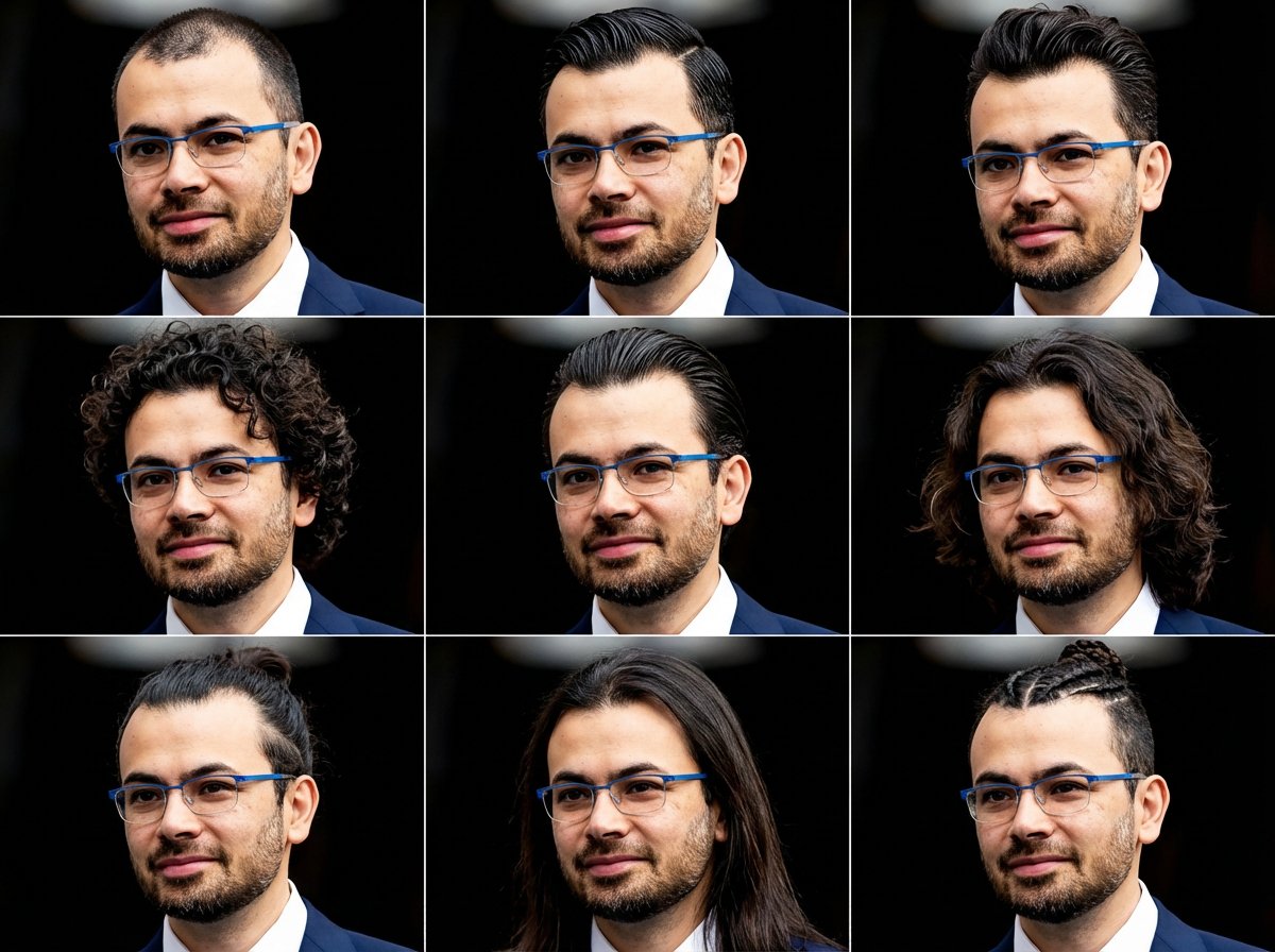 Create a 3x3 grid featuring nine different hairstyles in a single layout. Designed for creative hairstyle variation in a clean grid format.