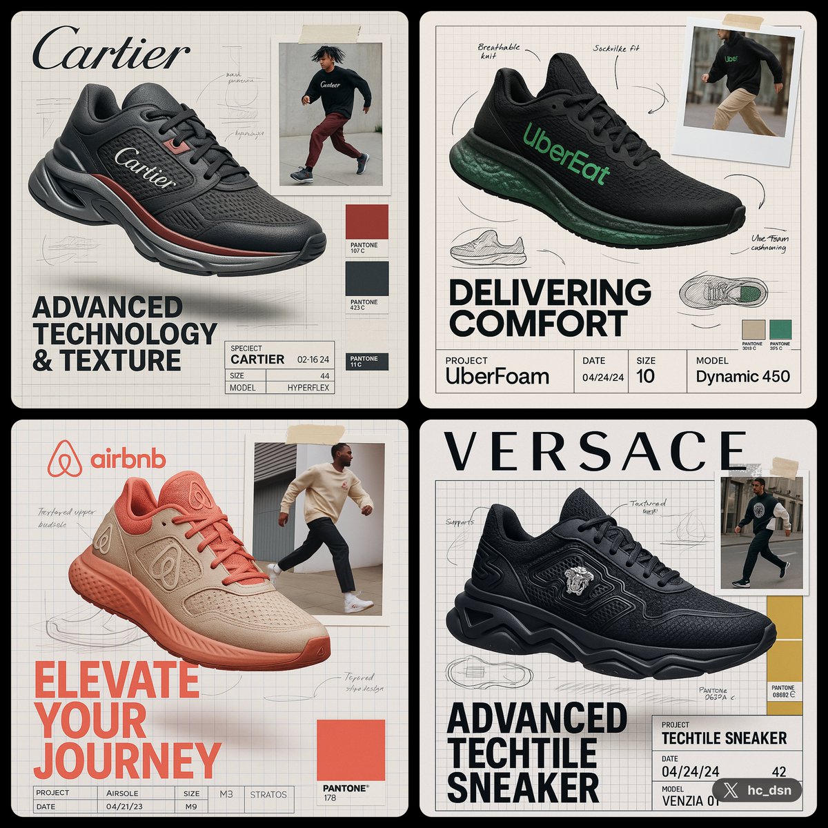 Generate a high-end footwear advertisement for {{BRAND}} featuring a floating sneaker over a graph-paper technical layout with sketches, spec labels, a taped lifestyle photo, bold slogan typography, and Pantone color palette references.