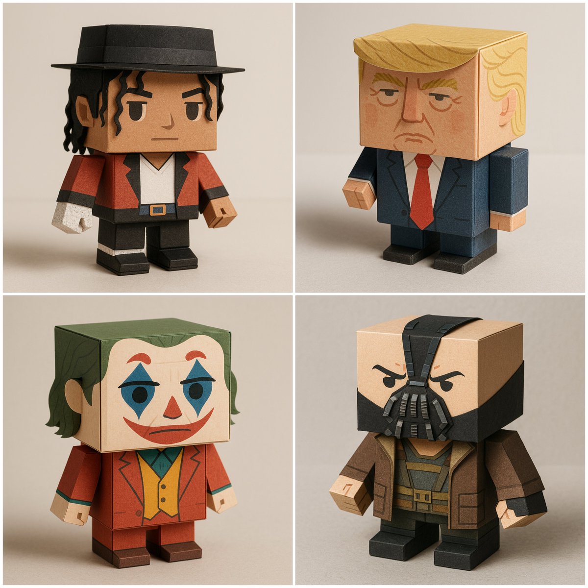 Ultra-detailed photorealistic product-style render of a box-shaped papertoy character made from folded matte cardstock with visible paper texture, crisp edges, and clean folds. Designed in a compact chibi-like geometric papercraft style with neutral studio lighting, soft shadows, and a plain background.