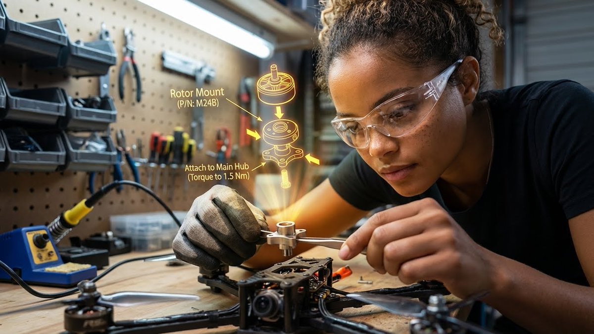 A close-up technical product-style scene in a cluttered yet organized garage workshop, where the person from {{UPLOADED_IMAGE}} assembles a complex device while a rotating 3D exploded-view hologram hovers above disassembled drone parts.