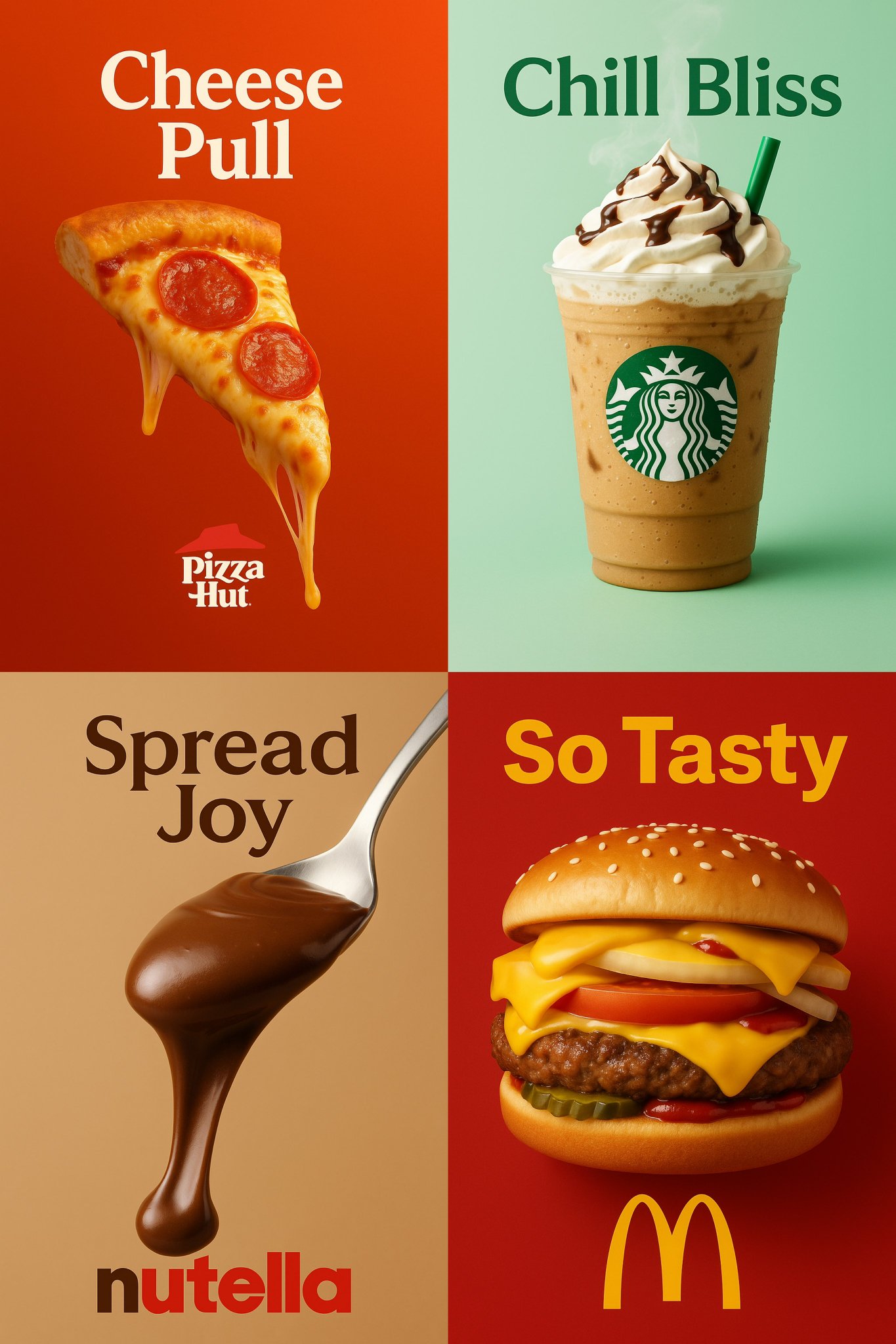 Create a vertical 2:3 high-resolution food advertisement poster with a centered, ultra-detailed product shot for a well-known brand. Use brand-inspired gradient or pastel backgrounds, a bold top slogan, and the official logo at the bottom with cinematic studio lighting and soft shadows.