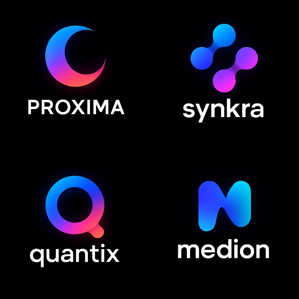 Create a modern NeoGradient Soft Tech logo for a fictional startup, combining an abstract icon with a bold sans-serif wordmark and smooth glowing multi-color gradients on a pure black background.