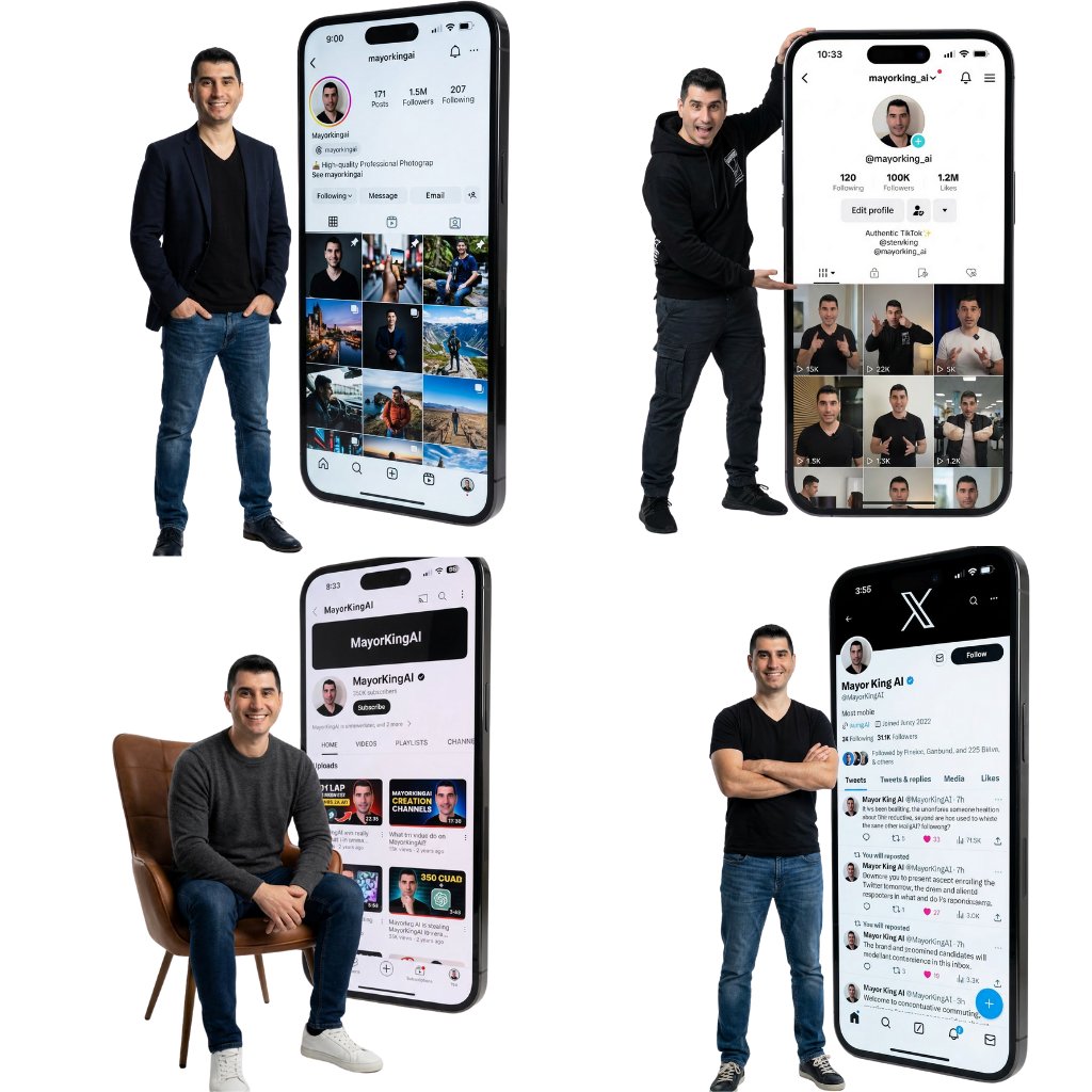 Create a premium 8K minimalist studio portrait featuring the reference subject beside a floor-standing, human-scale monolithic smartphone displaying a crystal-clear, authentic social app profile UI with sharp, legible details.