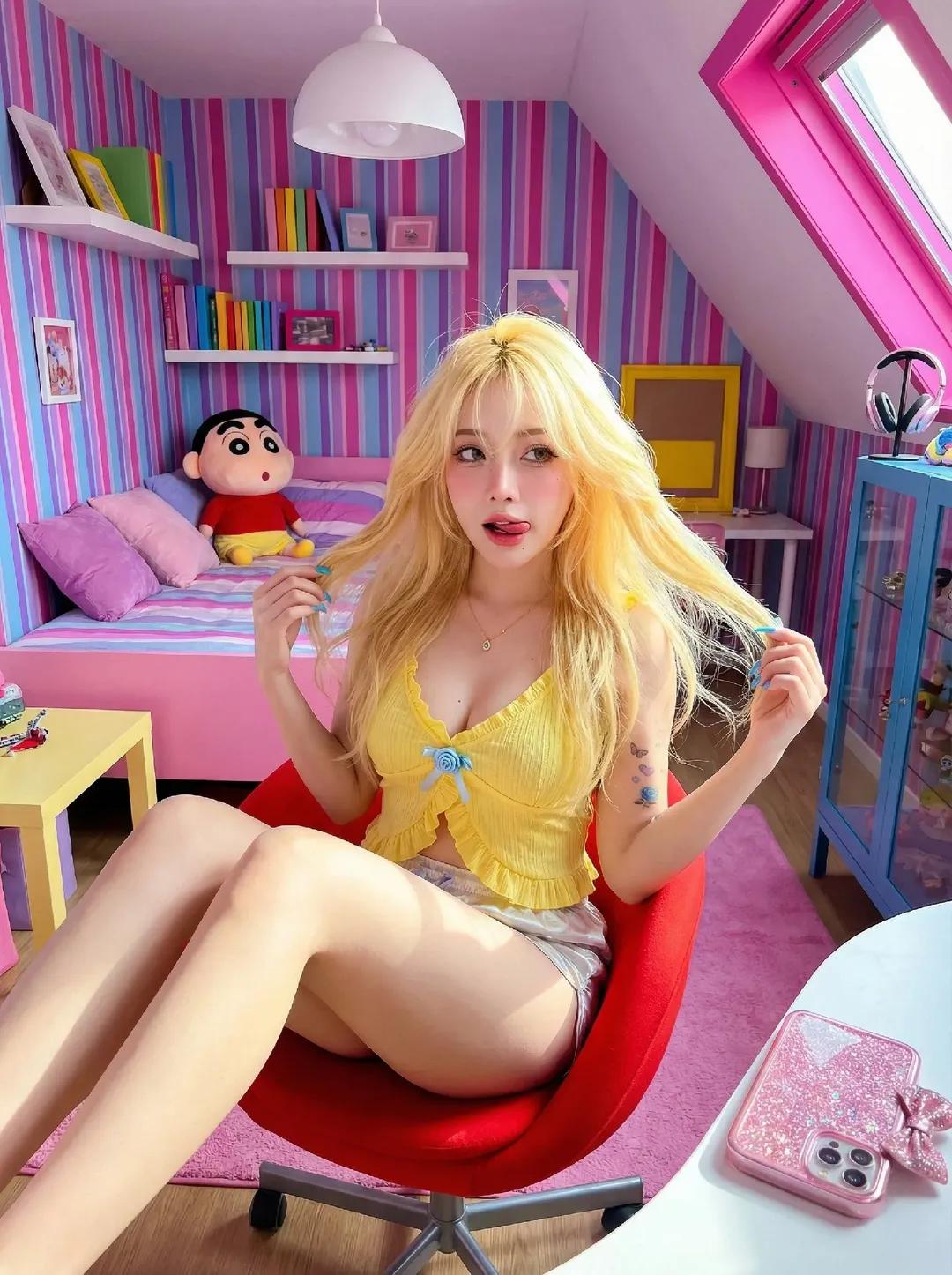 Create an ultra-realistic HDR cinematic photo in a cute minimalist attic bedroom, using the uploaded face as the only reference and preserving true facial identity with no transformation or changes. The scene features a bright pink window and colorful vertical-striped wallpaper in purple, pink, and blue.