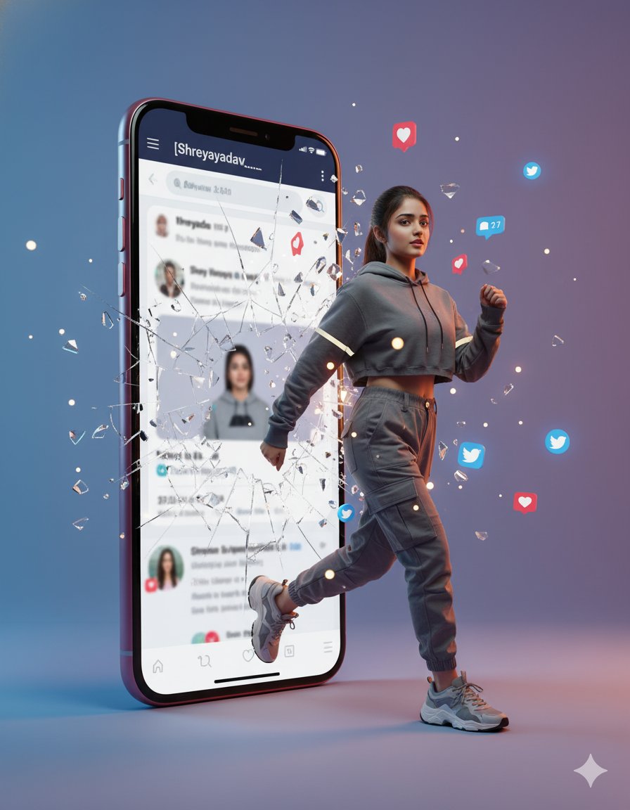 A hyperrealistic cinematic scene of a confident woman stepping out of a shattered smartphone screen displaying a Twitter profile, surrounded by glowing fragments and floating social media icons against a minimalist gradient studio backdrop.