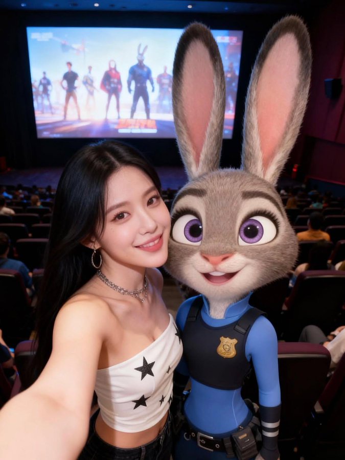 A photorealistic, ultra-detailed 8K selfie of Miyeon standing side-by-side with Judy Hopps in a slightly dark, crowded movie theater under cinematic lighting. A large screen behind them shows multiple male characters in action poses.