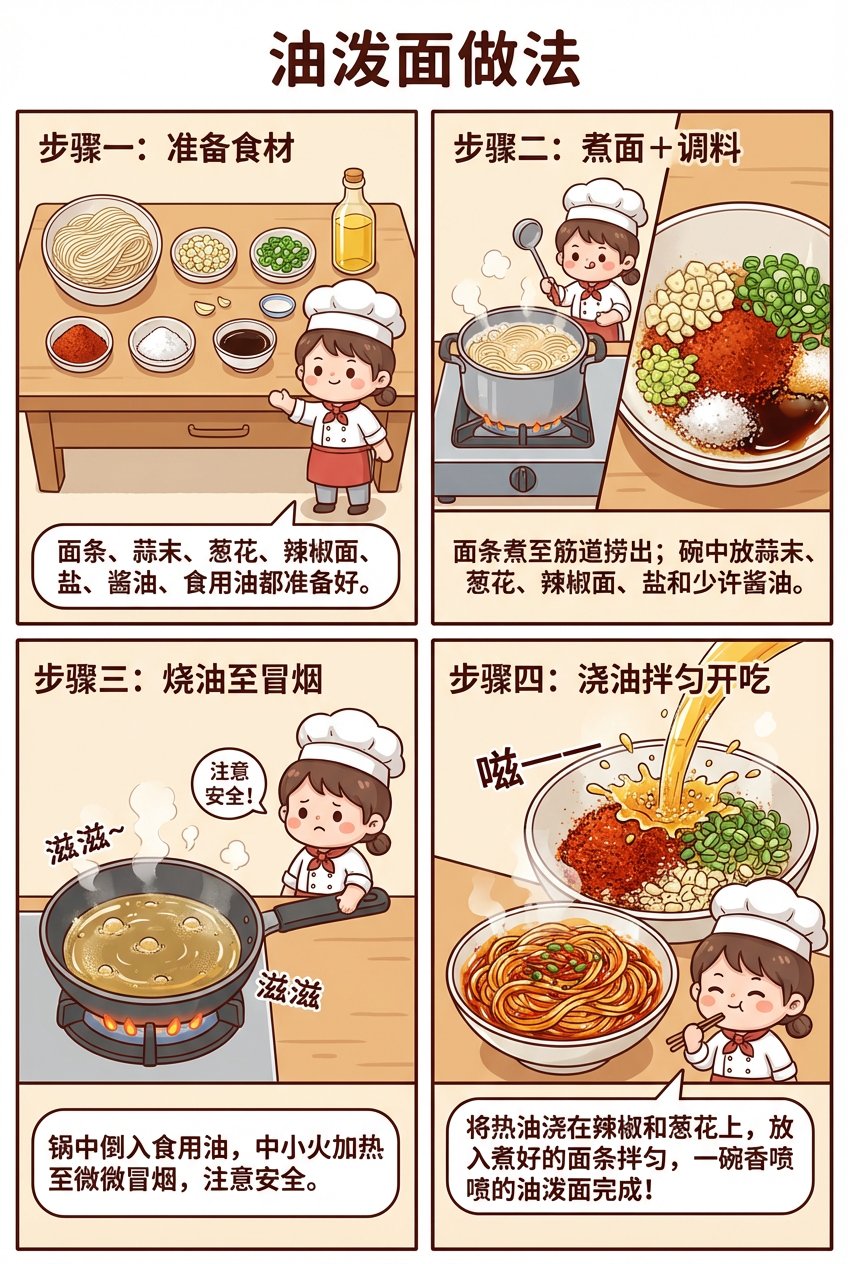 Generate a four-panel comic image explaining how to make Youpo Noodles, combining illustrated steps with clear typographic text layout.
