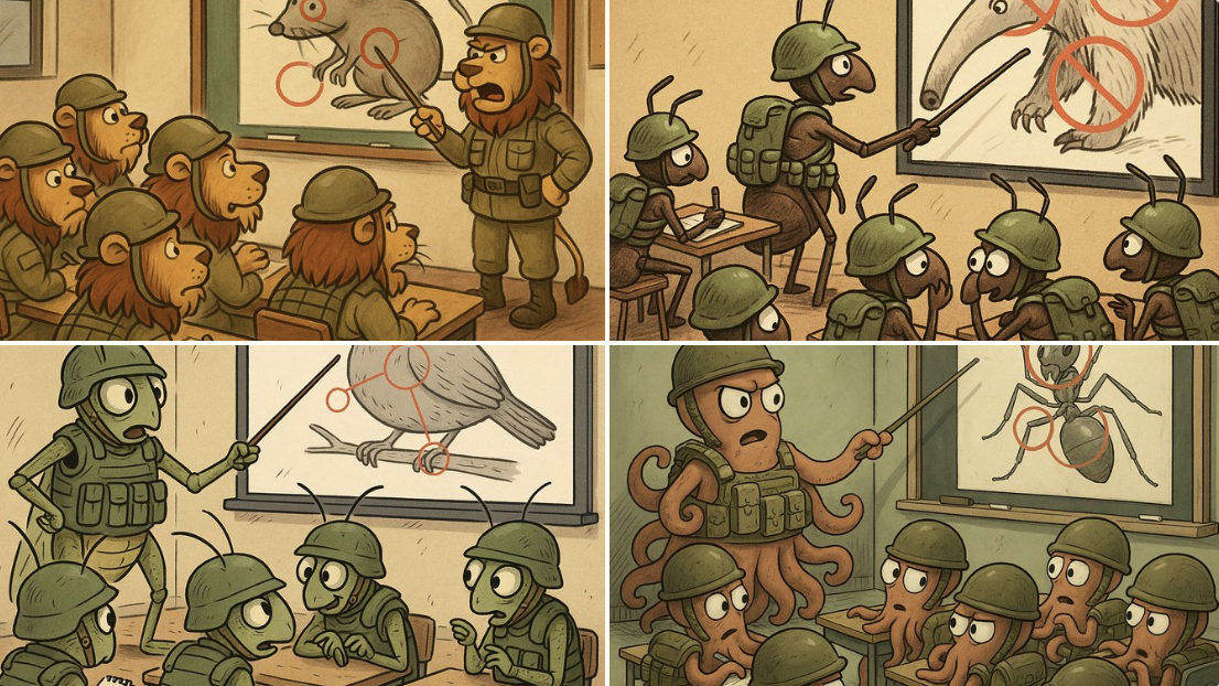 A satirical cartoon scene inside a military training classroom where tiny insect soldiers listen as their commander outlines an attack plan on the board, marking sensitive targets in red.