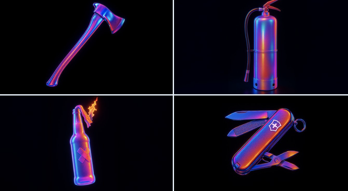 Retexture an uploaded image into a hyperrealistic 3D render with high-gloss translucent rubber, iridescent coating, and vivid neon HDRI lighting on a solid black background.