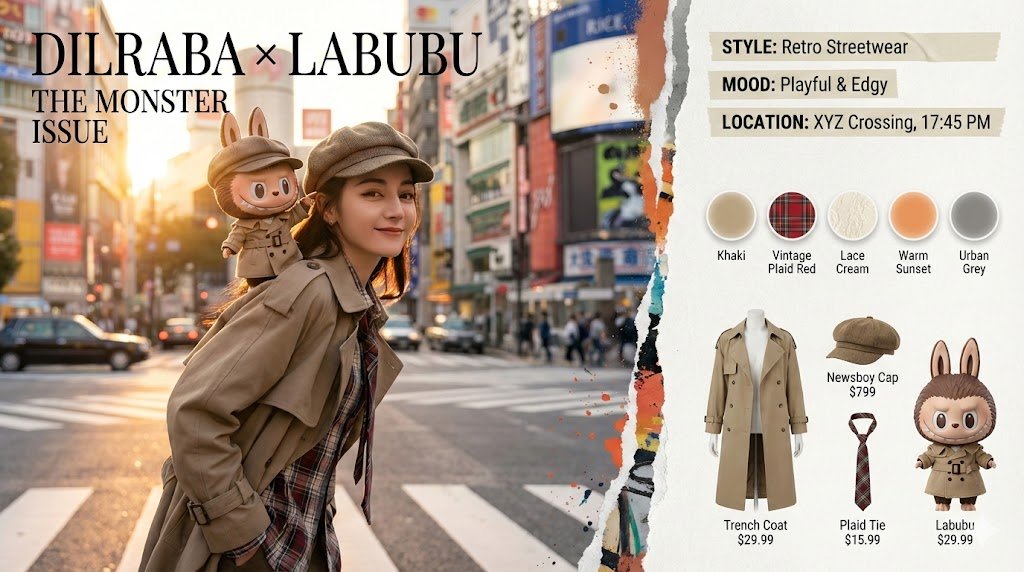 Create a high-end, photoreal fashion magazine spread blending Dilraba Dilmurat with Pop Mart’s Labubu as interacting fashion partners in a golden-hour Tokyo/Shanghai street scene, featuring a dramatic torn-and-paint smear gutter and editorial sidebar.