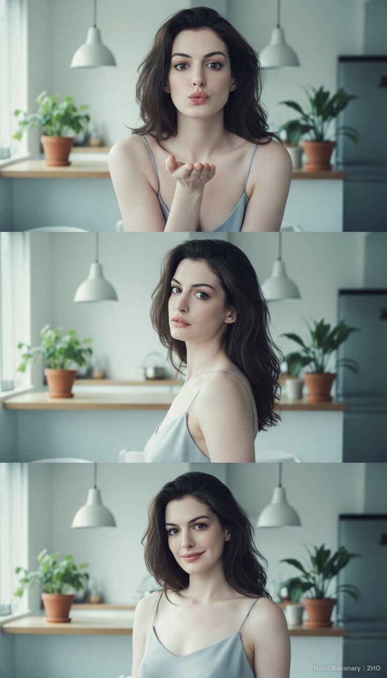 A vertically stacked three-image portrait narrative set in a warm, lived-in IKEA-style home interior with gentle side-front natural light and a cool white, airy tone. The same subject shifts from playful to relaxed to softly smiling, captured with delicate skin highlights and a subtle film/Japanese filter feel.