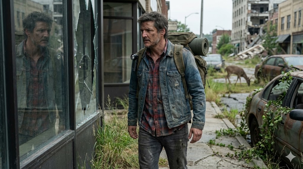 Create a cinematic, realistic 16:9 wide establishing photo of a rugged male survivor walking through a ruined city street reclaimed by nature, with soft overcast daylight and melancholic atmosphere.