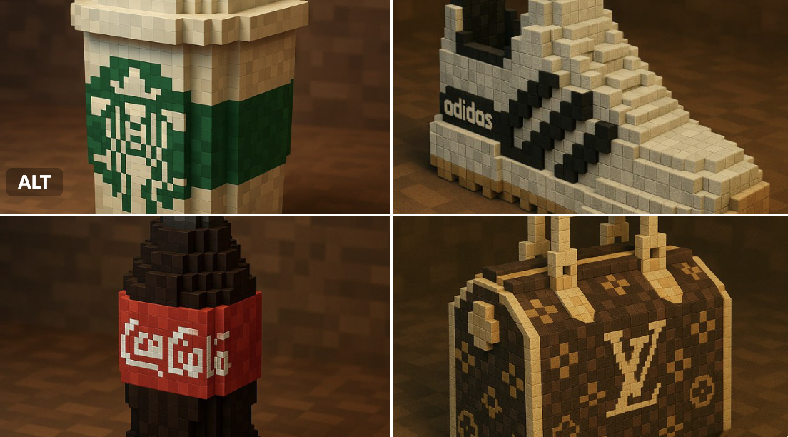 Create a playful, high-resolution 3D voxel render of a branded object in a recognizable Minecraft-style look. Emphasizes pixelated cubes, blocky textures, clean lighting, and clear use of signature brand colors and logo.