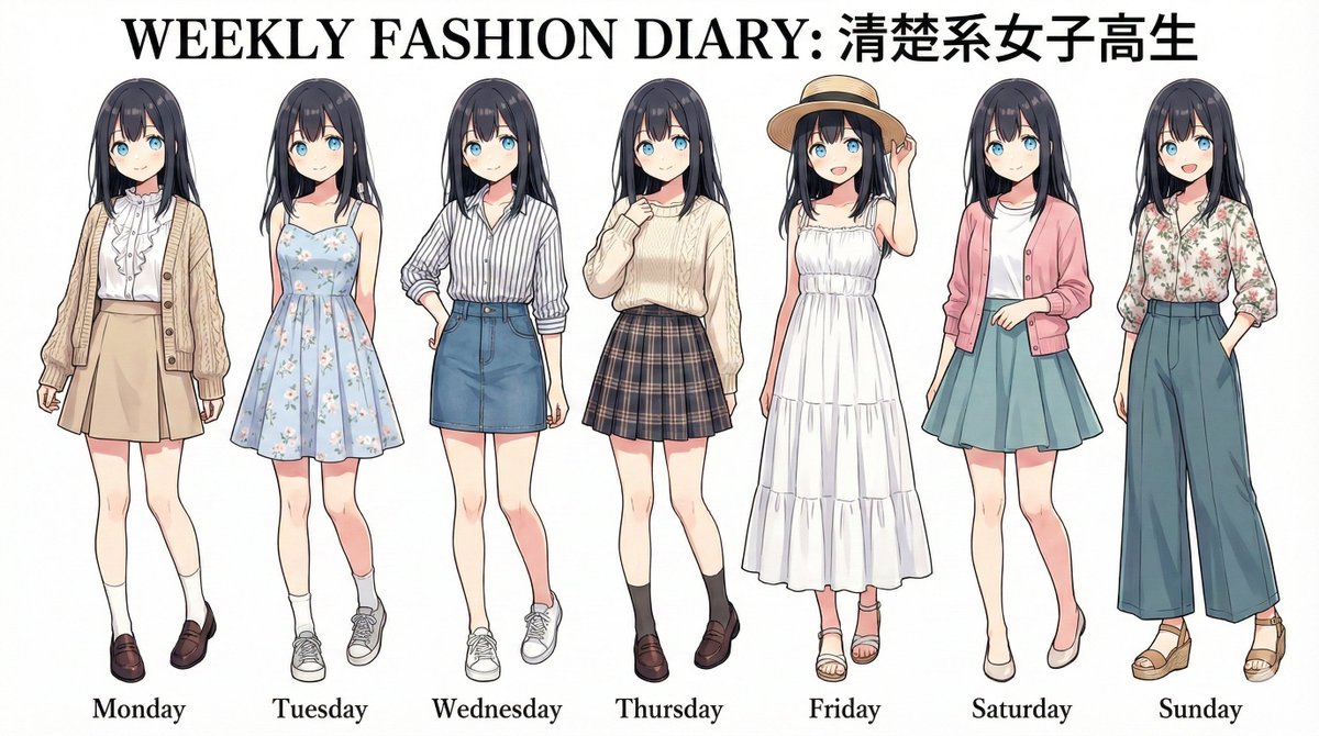 Create a clean studio fashion lineup featuring the same high school girl character shown seven times, each wearing a different neat, modern school-ready casual outfit for the week.
