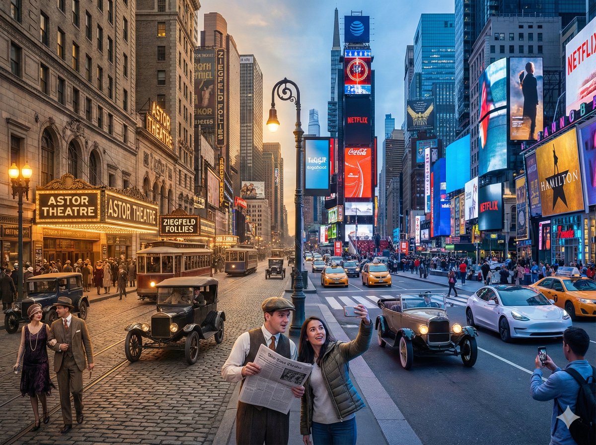 Create a photorealistic cinematic split-screen scene of Times Square that organically merges the 1920s with the present day, showing authentic period details and modern technology interacting in the center transition.