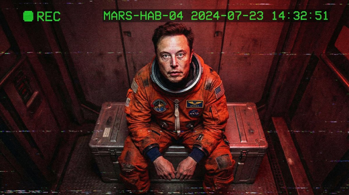 Grainy security camera footage inside a Mars habitat airlock with dim red emergency lighting. A tired, manic-looking Elon Musk stares up at the camera amid heavy compression artifacts and a green timecode overlay.