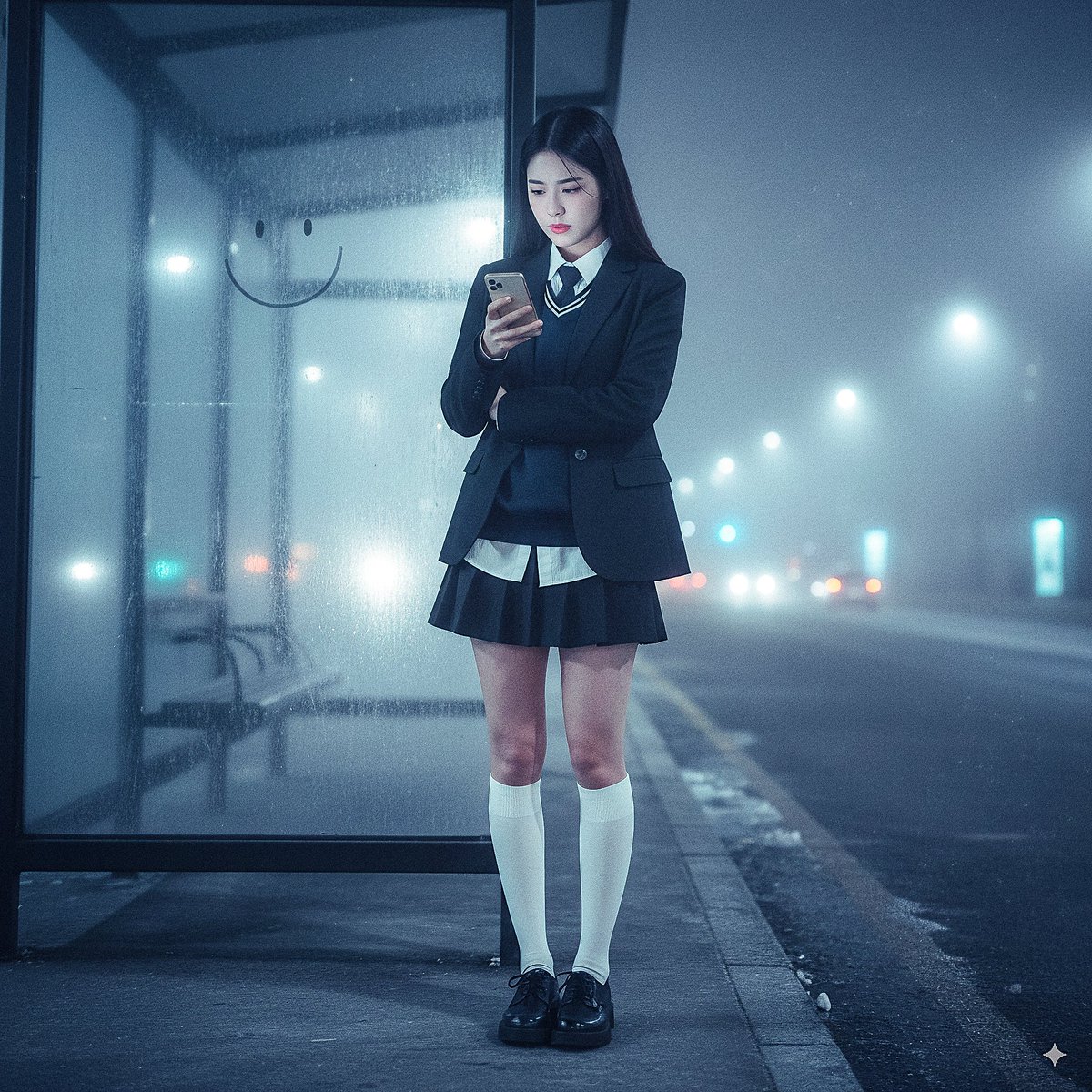 A hyper-realistic 4K full-body night-time portrait of a 23-year-old Korean woman waiting at a frost-covered city bus stop, lit in cool blue-white cinematic contrast. The scene features dense fog, icy reflections, and a subtle bus arrival hinted in a shoe reflection.
