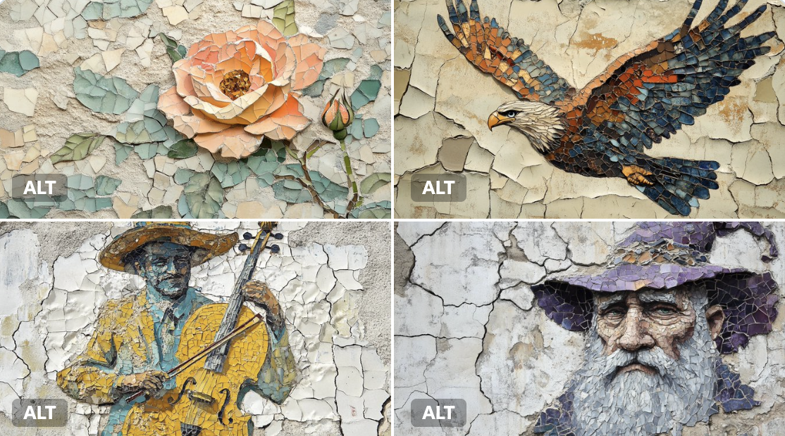Create a timeworn mosaic mural featuring chipped ceramic and glass shards in sun-faded and weathered tones. Irregular shapes and visible grout lines are set into a cracked plaster wall for authentic rustic charm.