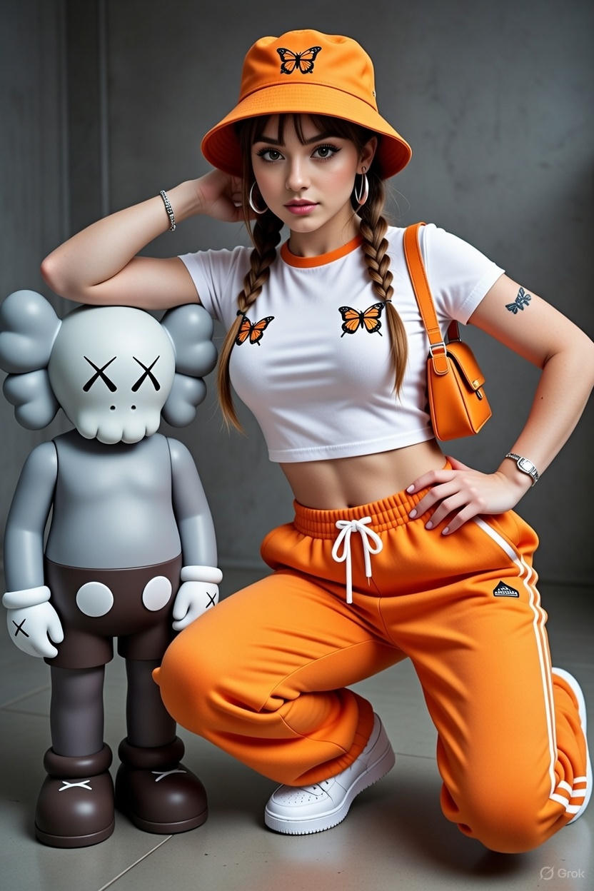 Ultra-realistic fashion editorial photo of a stylish young woman posing next to a gray KAWS-style art figure in a minimalist indoor studio with soft diffused lighting. Monochrome orange streetwear styling, sharp focus, and ultra-detailed 8K realism while keeping the original face unchanged.