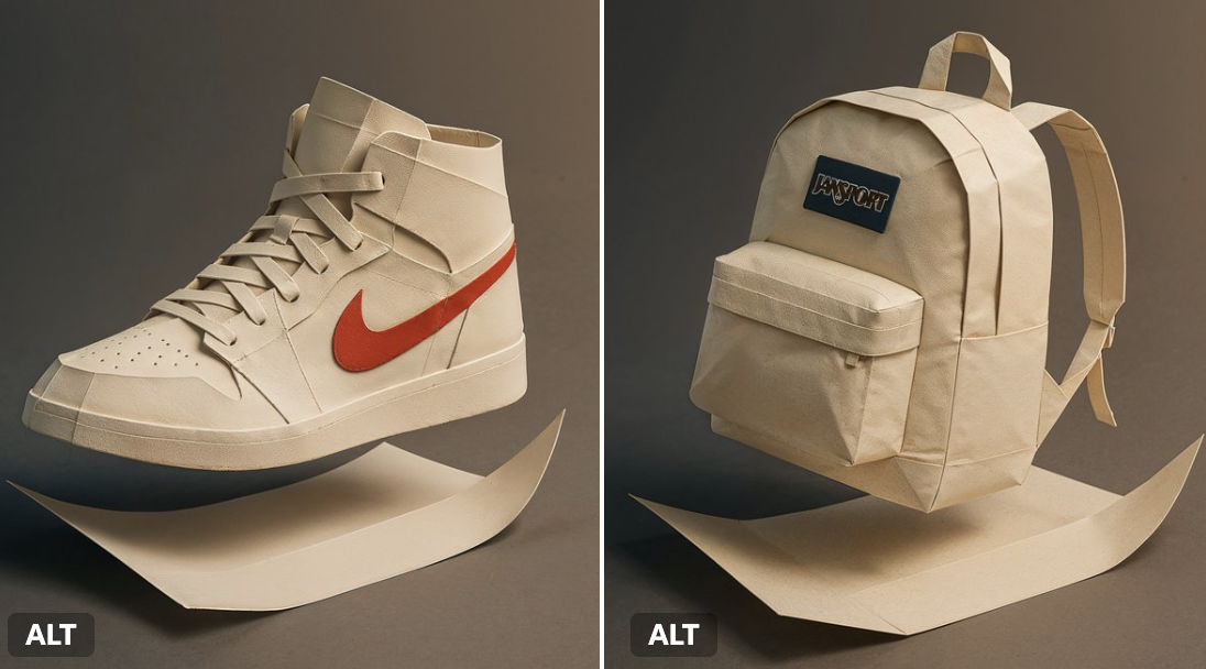 A minimalist branding visual where a flat sheet of branded paper folds mid-motion into a fully formed 3D product shape, rendered with dramatic studio lighting, origami texture detail, and gradient shadows inspired by Japanese minimalism.