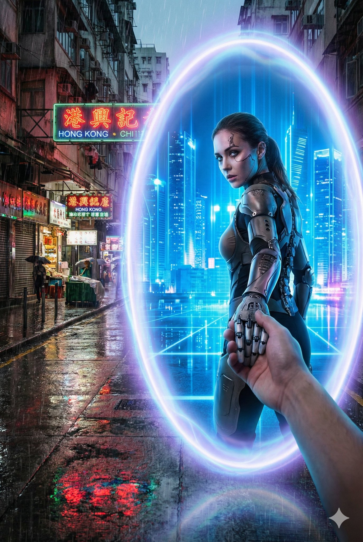 A glowing oval portal splits a snowy Tokyo street and a blue-hologram futuristic city, as a cyborg girl in a semi-armored exosuit pulls the viewer’s hand through. Sharp, third-person perspective with clean anime character styling against gritty realism.