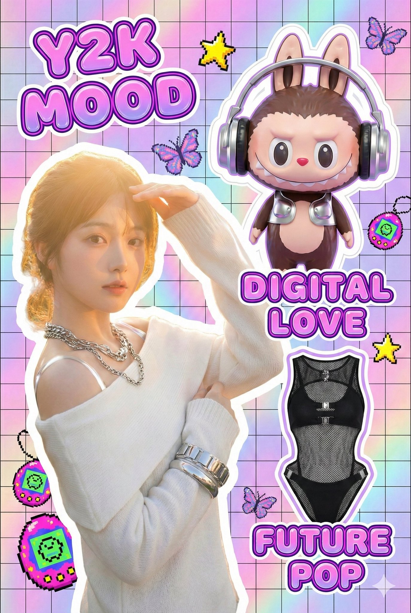 A vertical Y2K fashion moodboard collage on holographic pink‑purple glitch grid paper, rendered as high‑gloss vinyl stickers with crisp white borders. Features a Labubu figurine sticker with silver headphones, pixel doodles, and bubble 3D typography in a saturated future‑retro digital pop art look.