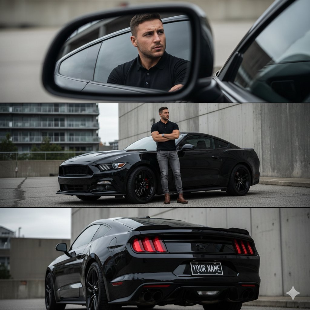 Create a three-panel cinematic automotive editorial featuring the user with their real face preserved, alongside a sleek black Ford Mustang in an urban, moody setting.