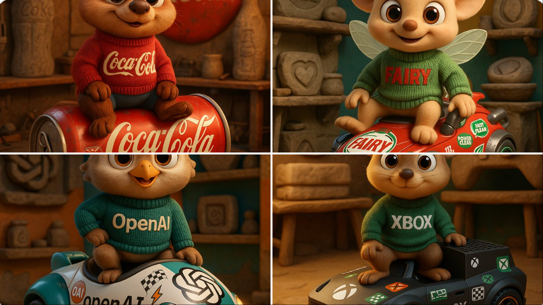 Create a highly detailed 3D cartoon animal mascot inspired by {{BRAND_NAME}}, wearing a branded knitted sweater and posed atop a futuristic product-shaped vehicle in a maintenance workshop with Stone Age-era brand products and brand-identity colors.