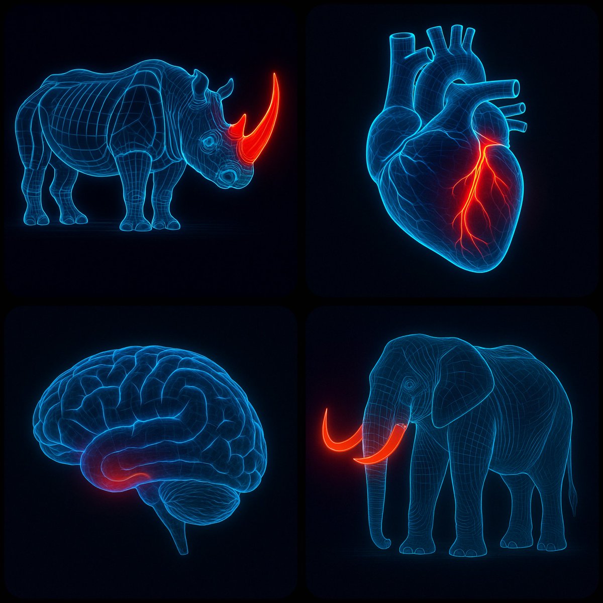 Create a digital illustration of a subject rendered with clean, pristine glowing blue lines outlining its anatomy on a dark background, with one specific area highlighted in red. The overall look is educational and visually captivating, resembling an advanced imaging technique.