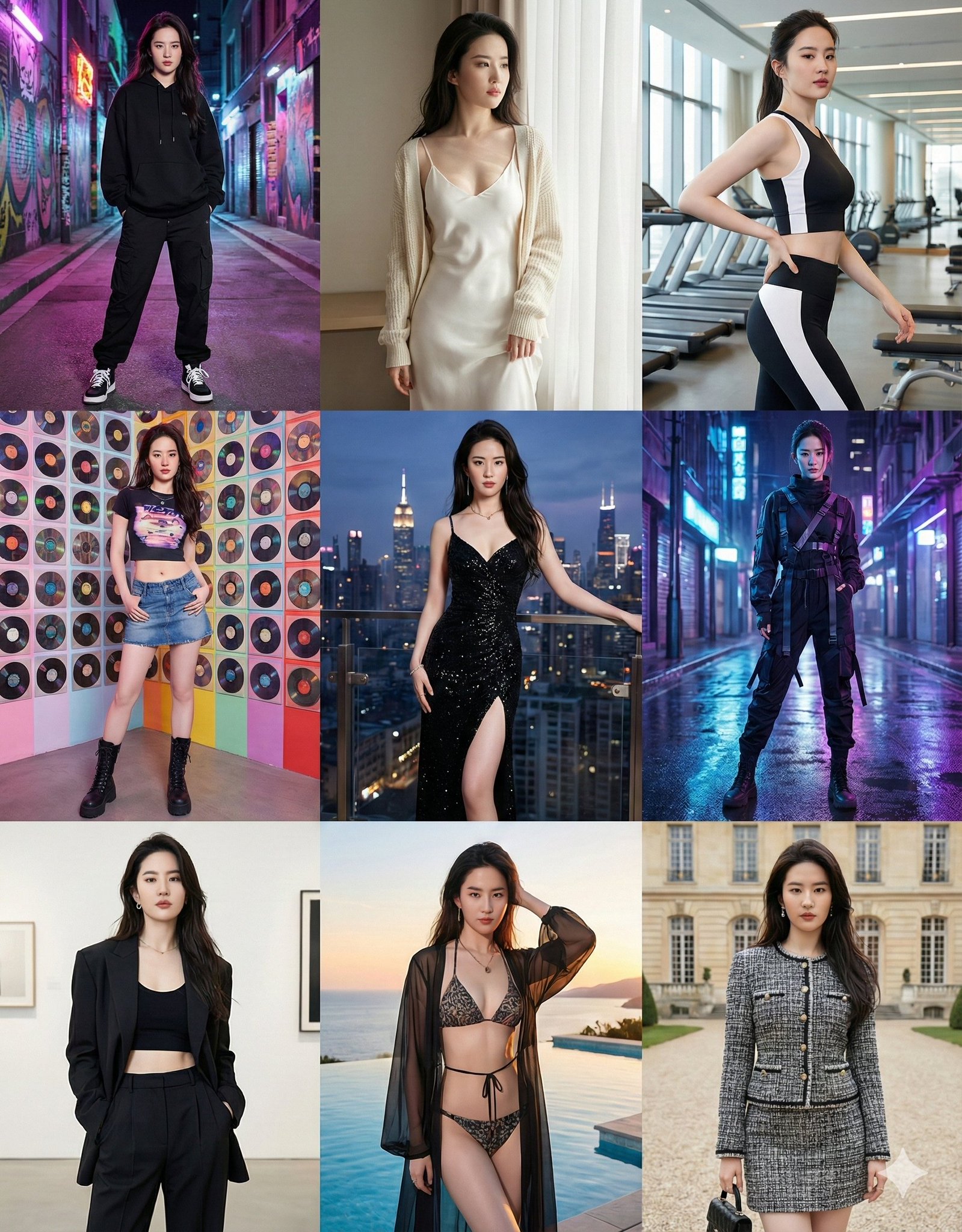 Create a high-fashion 3x3 collage from an uploaded portrait, keeping facial features strictly unchanged while showcasing nine distinct outfit styles with matching cinematic backgrounds.