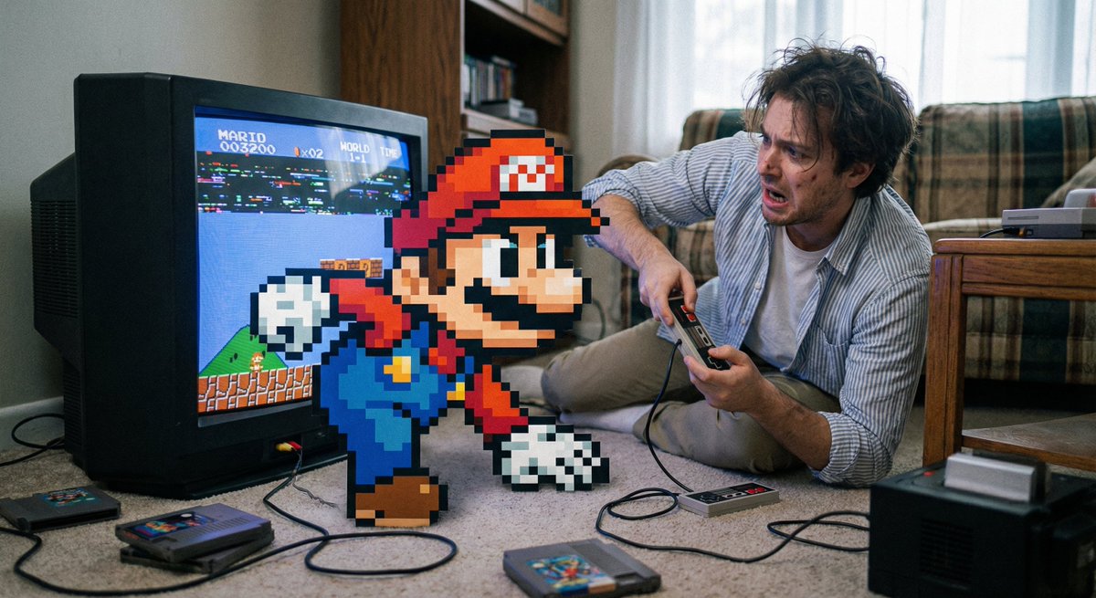 A pixelated video game character tries to crawl from a TV screen into the living room while a real human player frantically uses a controller to push the character back into the screen.