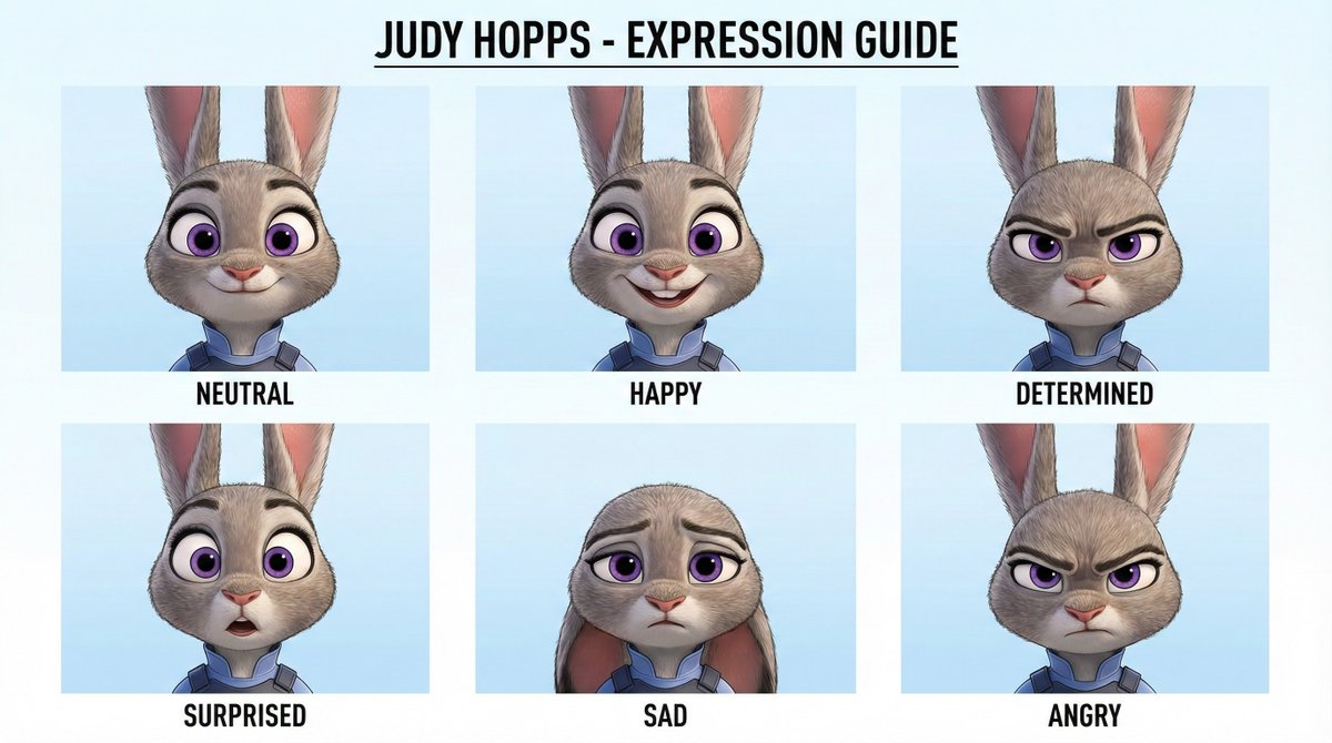 Create a character design expression style guide image in a 16:9 format. Useful for keeping a character’s facial expressions consistent across designs.