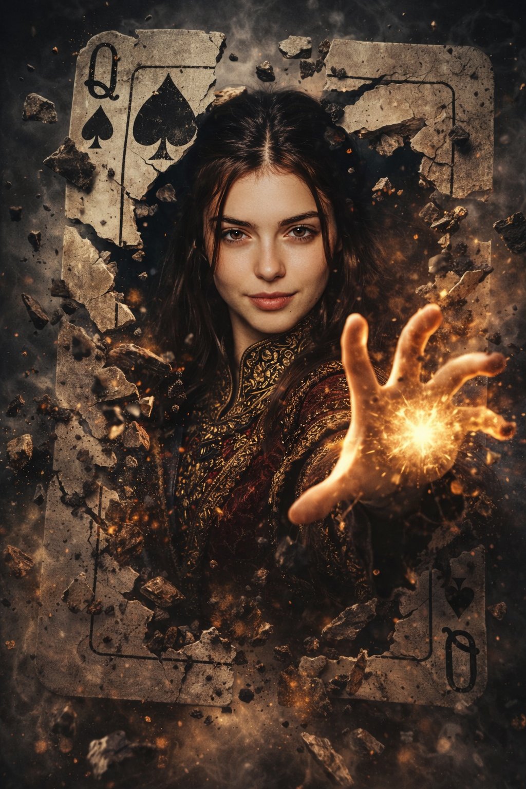 A hyper-realistic cinematic fantasy poster featuring a powerful female sorcerer emerging from a shattered Queen of Spades card, with dramatic chiaroscuro lighting, debris frozen mid-air, and intense magical energy reaching toward the viewer.