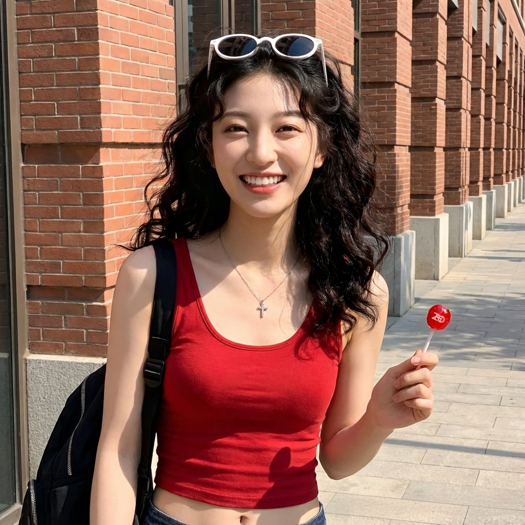 A crisp, high-resolution outdoor portrait captured from the chest up in bright direct sunlight, featuring a young East Asian woman smiling warmly on an urban sidewalk with a brick building casting strong shadows.