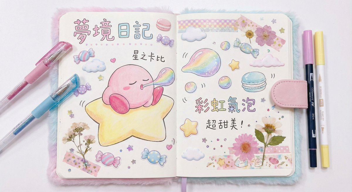 Create a dreamy diary-style papercraft scene of a pink star Kirby sleeping on a star while blowing rainbow bubbles. Soft macaron pastels, cloud and candy stickers, and glittery pencil details make it sweet and whimsical.