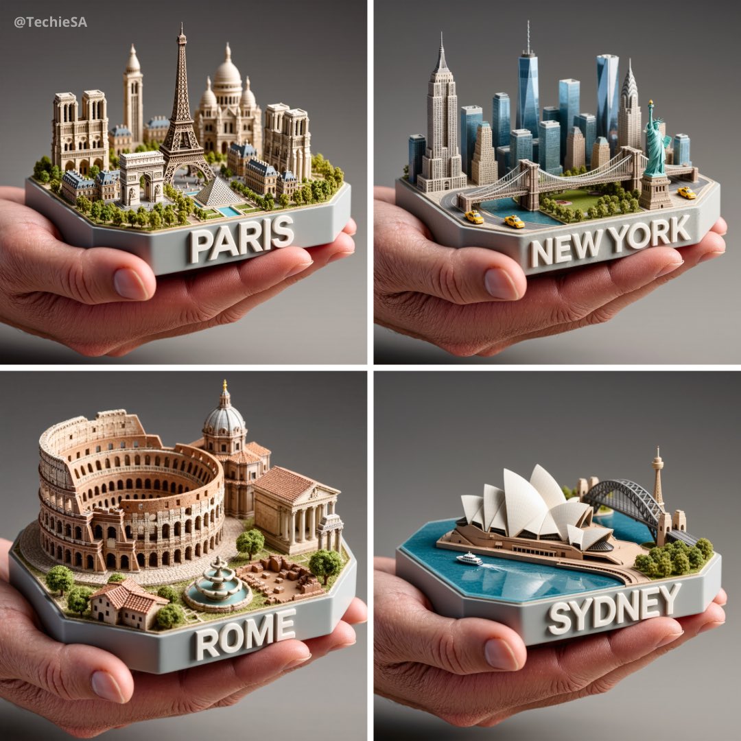 Generate a hyper-realistic square studio render of a human hand gently holding a beveled miniature platform featuring a detailed {{CITY}} architectural diorama with iconic landmarks, greenery, and a built-in 3D city name sign.