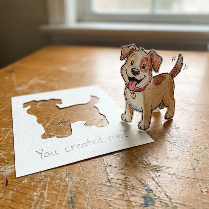 A magical, playful realistic photo of a hand-drawn cartoon dog cut from paper and folded into a tiny standing 3D figure, with its empty cutout silhouette beside it. Soft natural light and shallow depth of field highlight the handwritten text “You created me?” beneath the scene.
