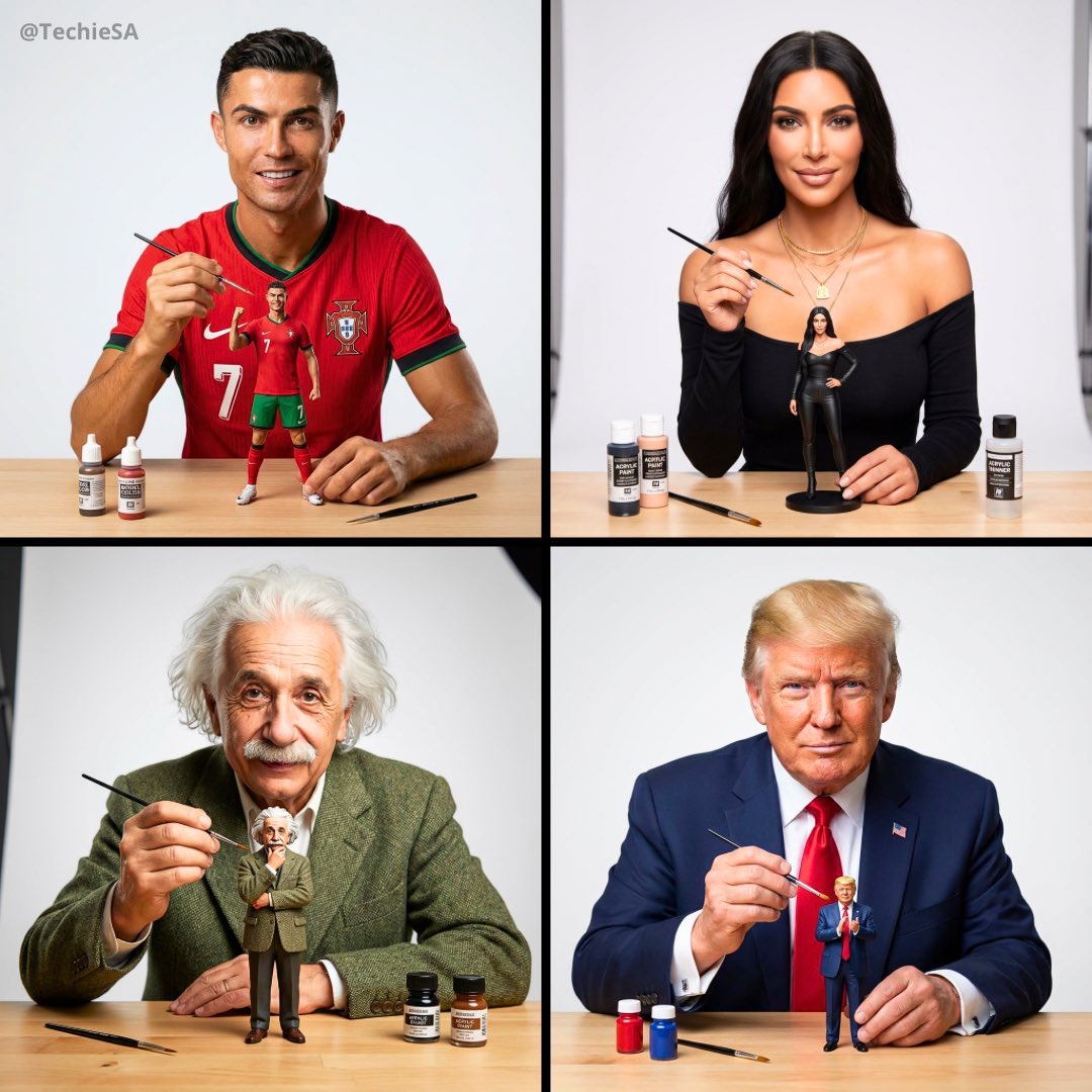 A clean, high-detail studio portrait of a confident artist painting a slightly oversized miniature figurine version of themselves on a tidy workbench. The scene uses soft neutral white backgrounds, shallow depth of field, and minimal supplies to keep focus on the face and the miniature.