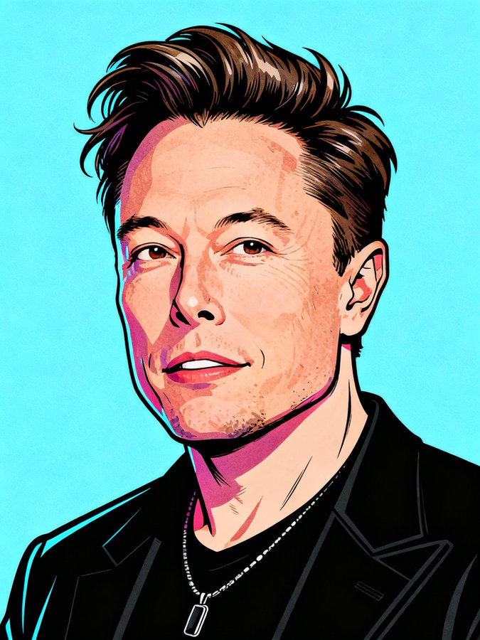 Create a vibrant, stylized pop art portrait with bold outlines, crisp digital rendering, and high color saturation against a clean solid background.