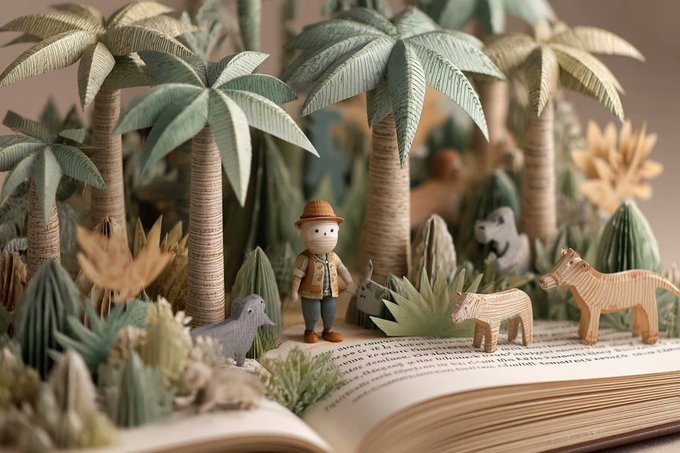 Create a 3D pop-up book illustration where layered paper elements unfold into a miniature landscape scene with a playful handcrafted feel. Use soft lighting, textured paper surfaces, and a pastel color palette viewed from a slight angle to emphasize depth and detail.
