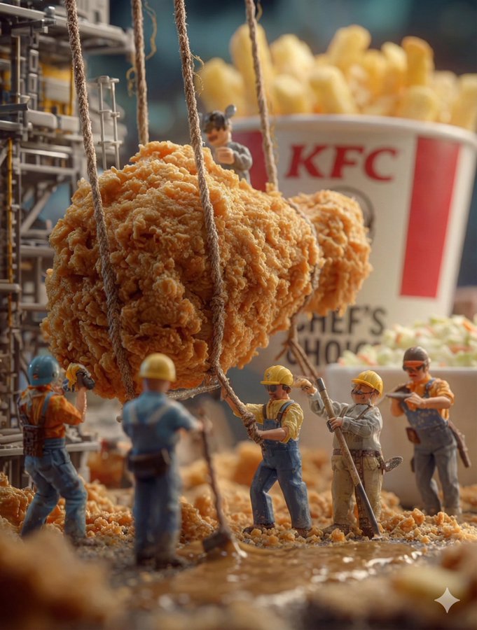 A set of four cinematic tilt-shift microphotography scenes where miniature teams interact with giant kitchen-scale food objects—construction, archaeology, expedition, and rescue—rendered with macro realism.