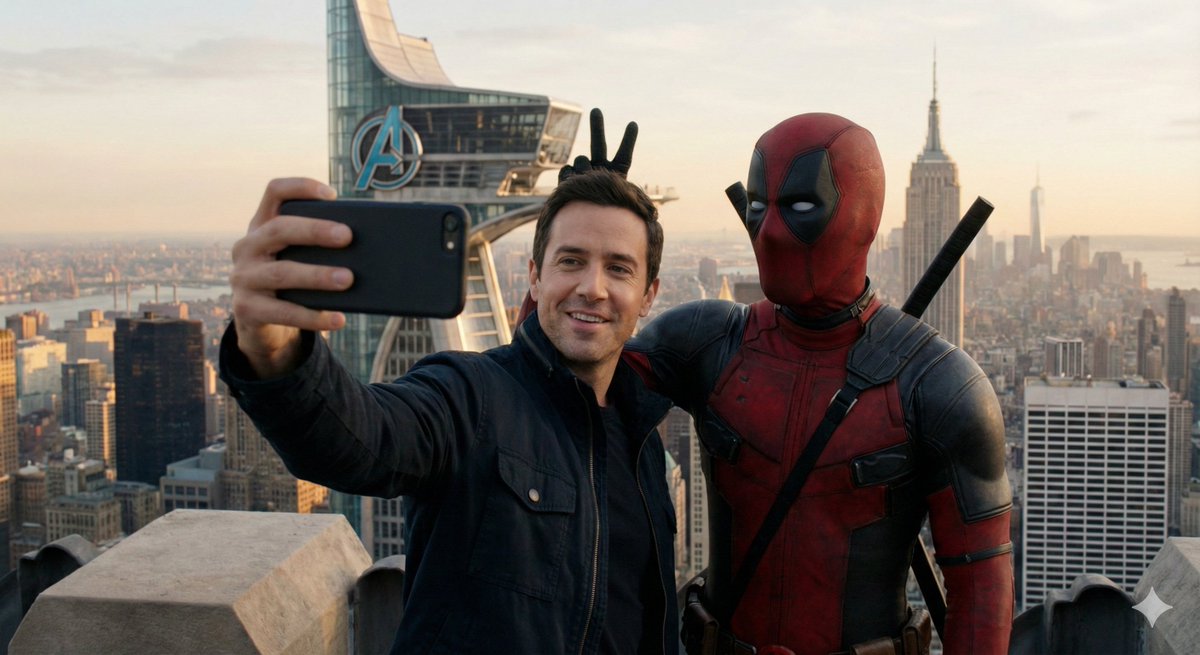Create a selfie-style photo on the Avengers Tower rooftop overlooking New York City, with Deadpool standing next to the man and making bunny ears behind his head while looking mischievously at the camera.